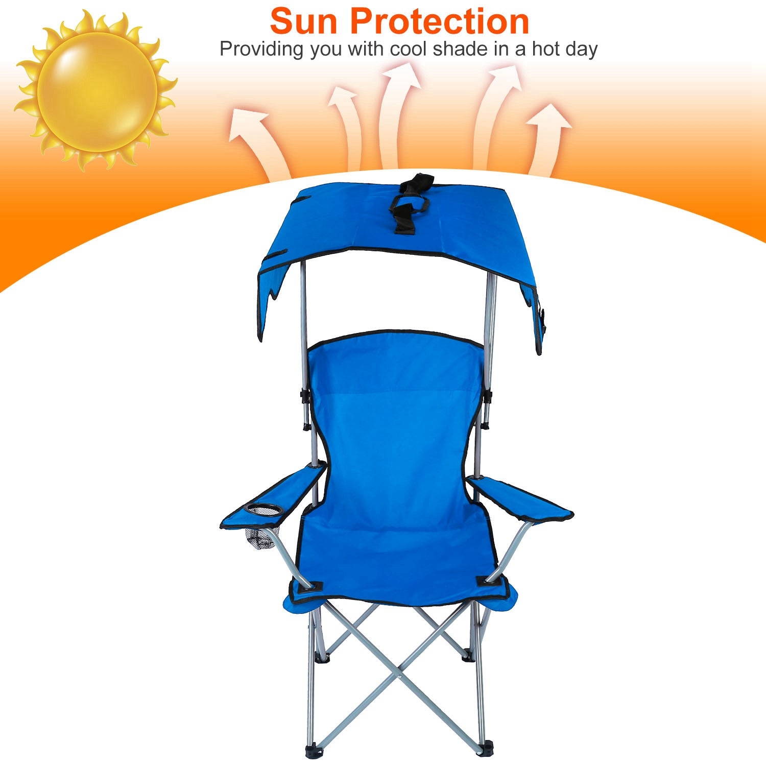Blue foldable camping chair with canopy, front view