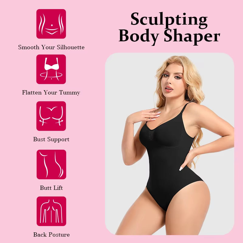 Black seamless sculpting bodysuit with camisole straps and high-cut leg