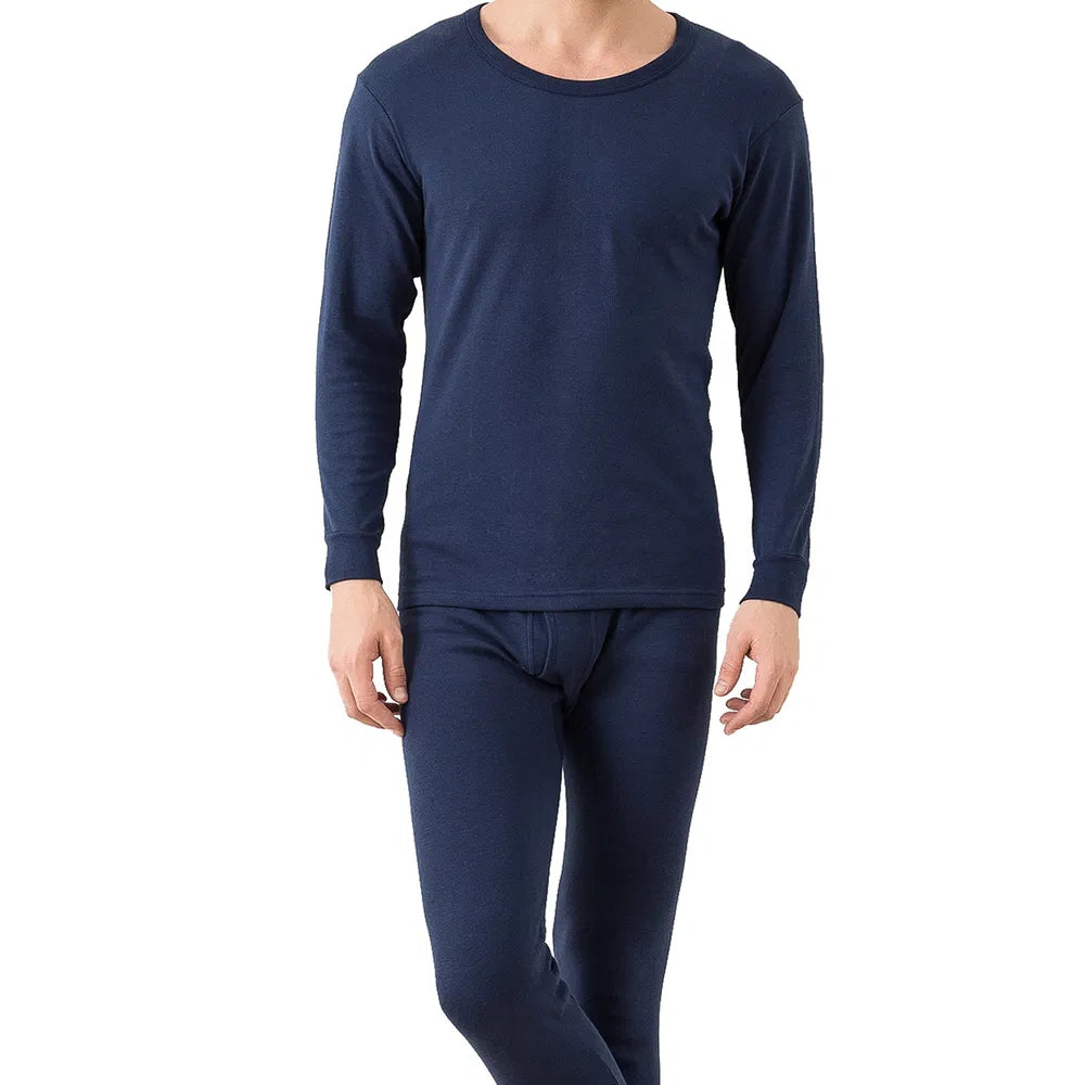 Navy men's thermal base layer set with long-sleeve crew top and fitted leggings