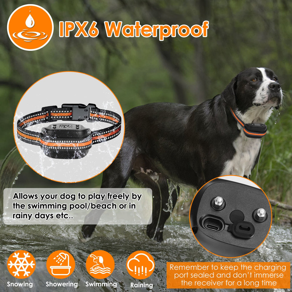 Waterproof GPS dog fence collar on a dog: black receiver and orange-striped woven strap