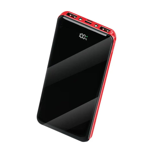 Red compact fast-charge power bank with side ports and 100% battery display
