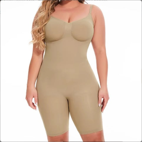 Beige seamless mid-thigh shapewear short with tummy control and supportive cups