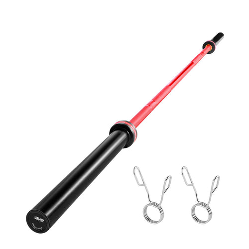 Olympic barbell bar with knurled red shaft and black sleeve end caps