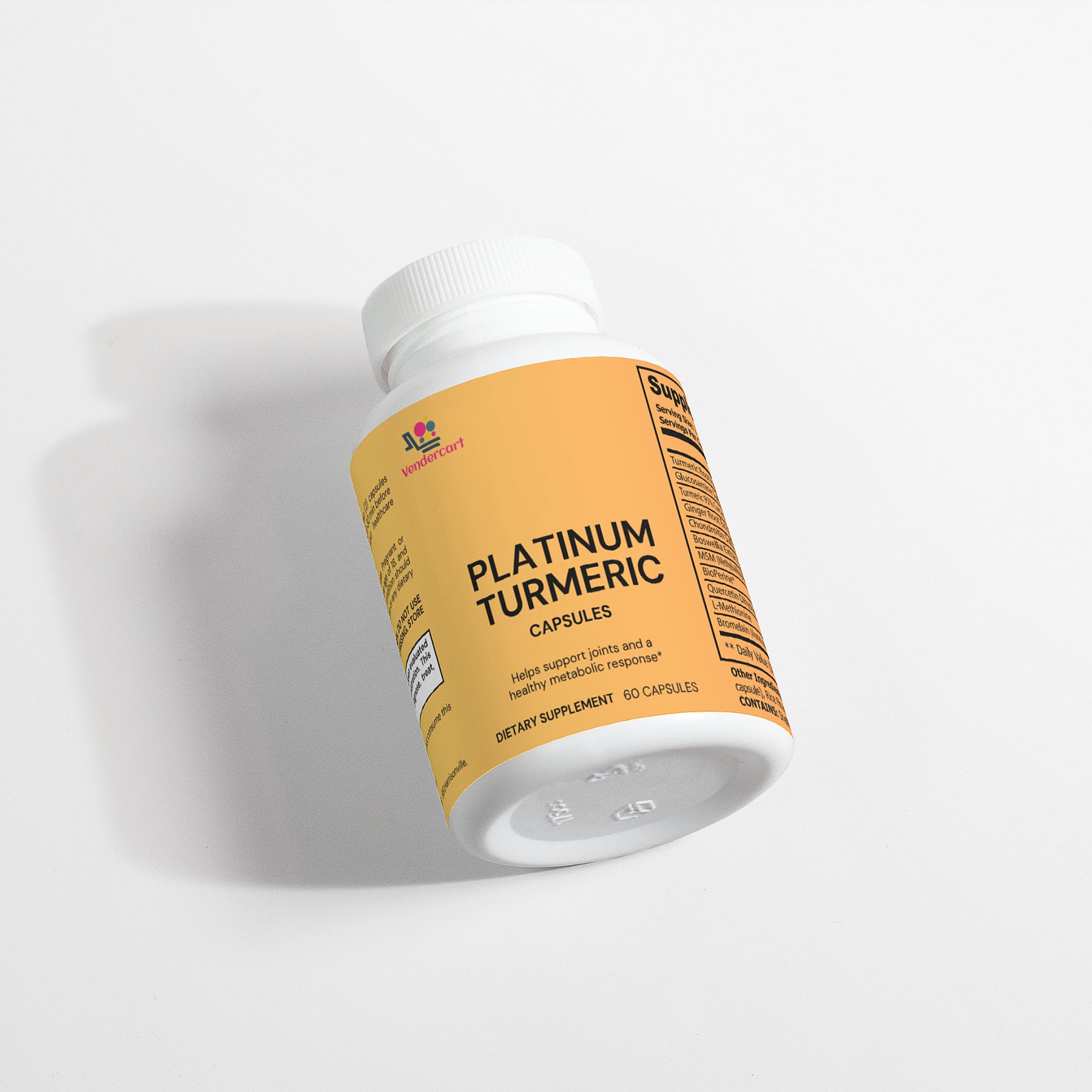 Platinum Turmeric bottle angled view showing front label text and 60 capsules
