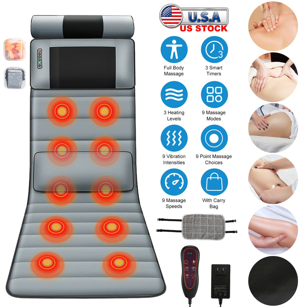 Gray full body massage mat with 10 vibration points and heat zones, plus neck pillow
