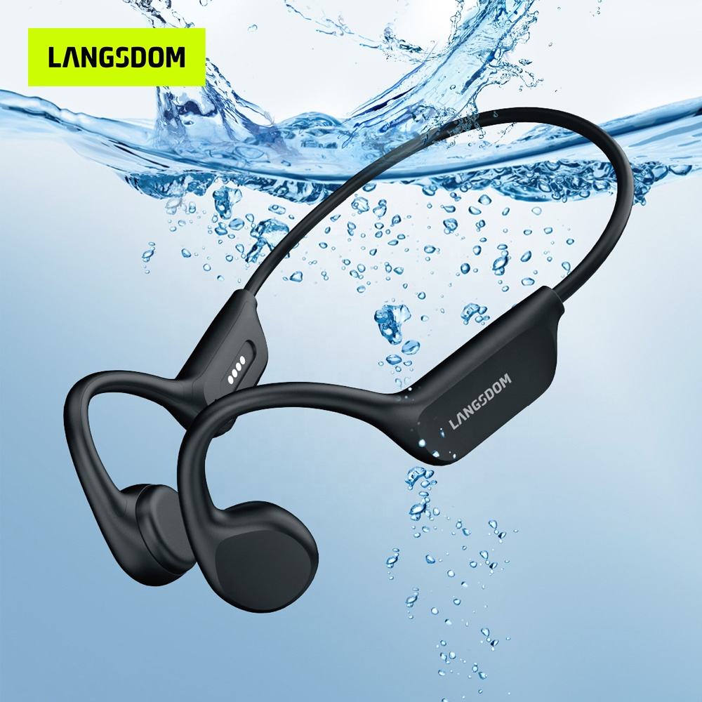 Black waterproof bone-conduction swimming headphones with open-ear ear hooks and neckband