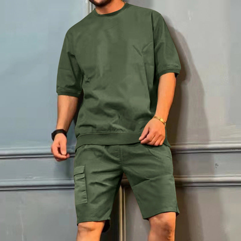 Men's dark green short-sleeve shirt and knee-length shorts set