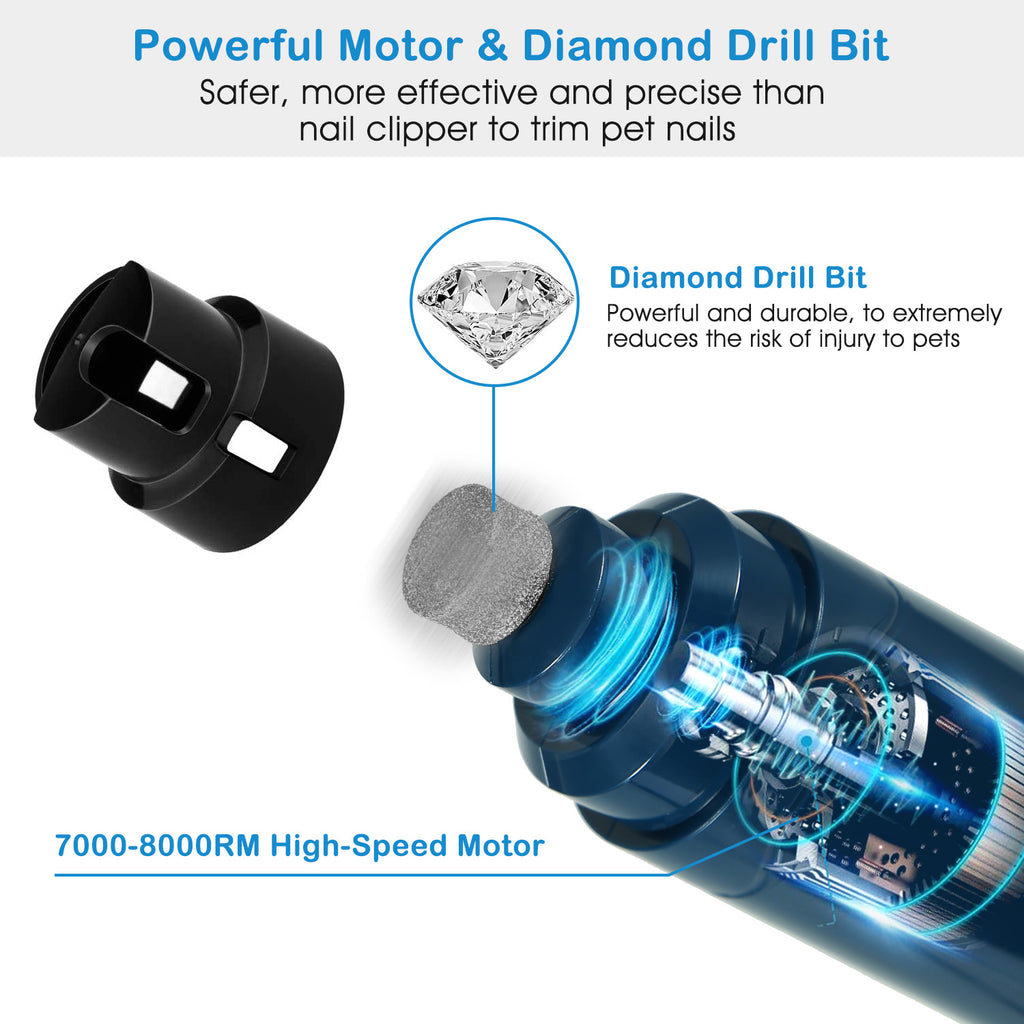 Blue dog nail grinder with diamond bit spinning and protective sleeve attachment