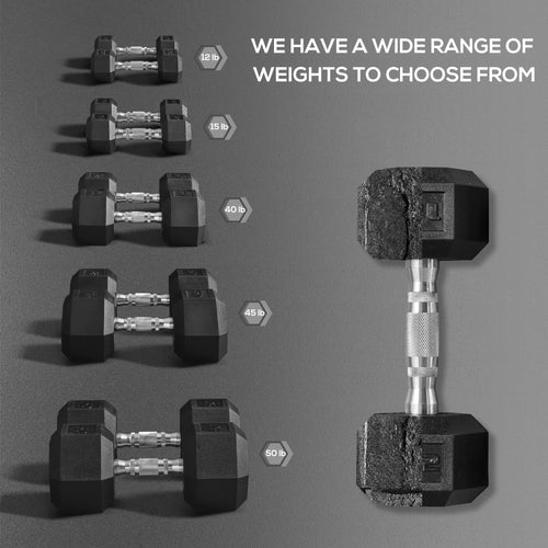Black hex rubber dumbbell set shown with multiple weight pairs on display