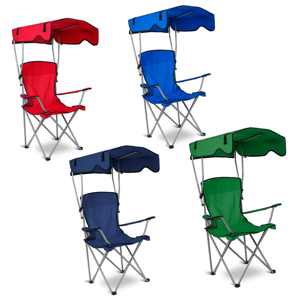 Foldable camping chairs with canopy, shown in red, navy blue, and green