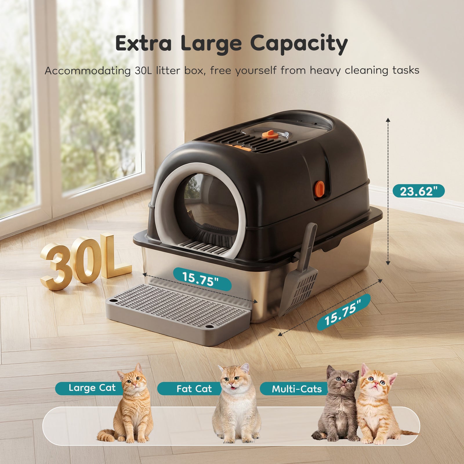Extra-large double-entry cat litter box with dark gray hood and gray base platform