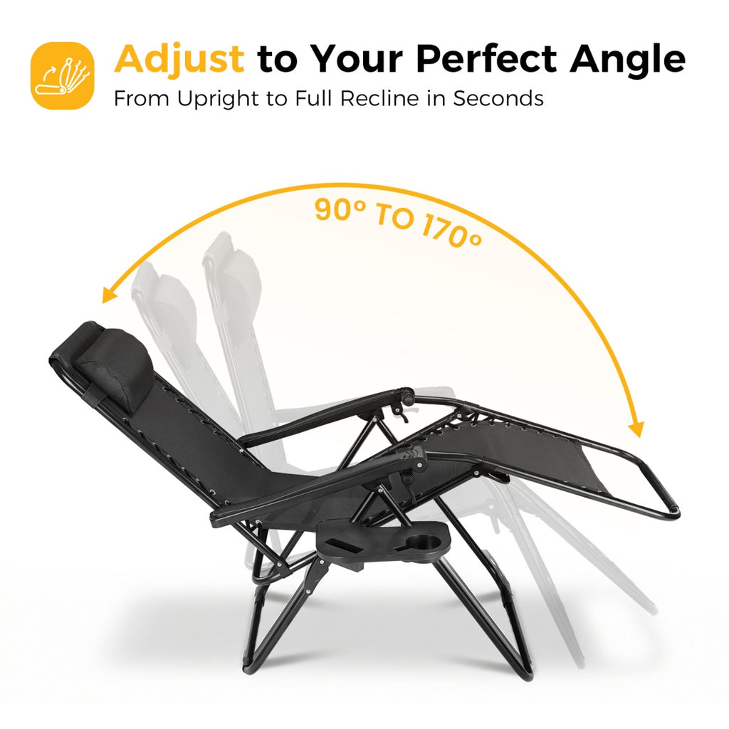 Black folding lounge recliner with adjustable recline angle from upright to full recline.