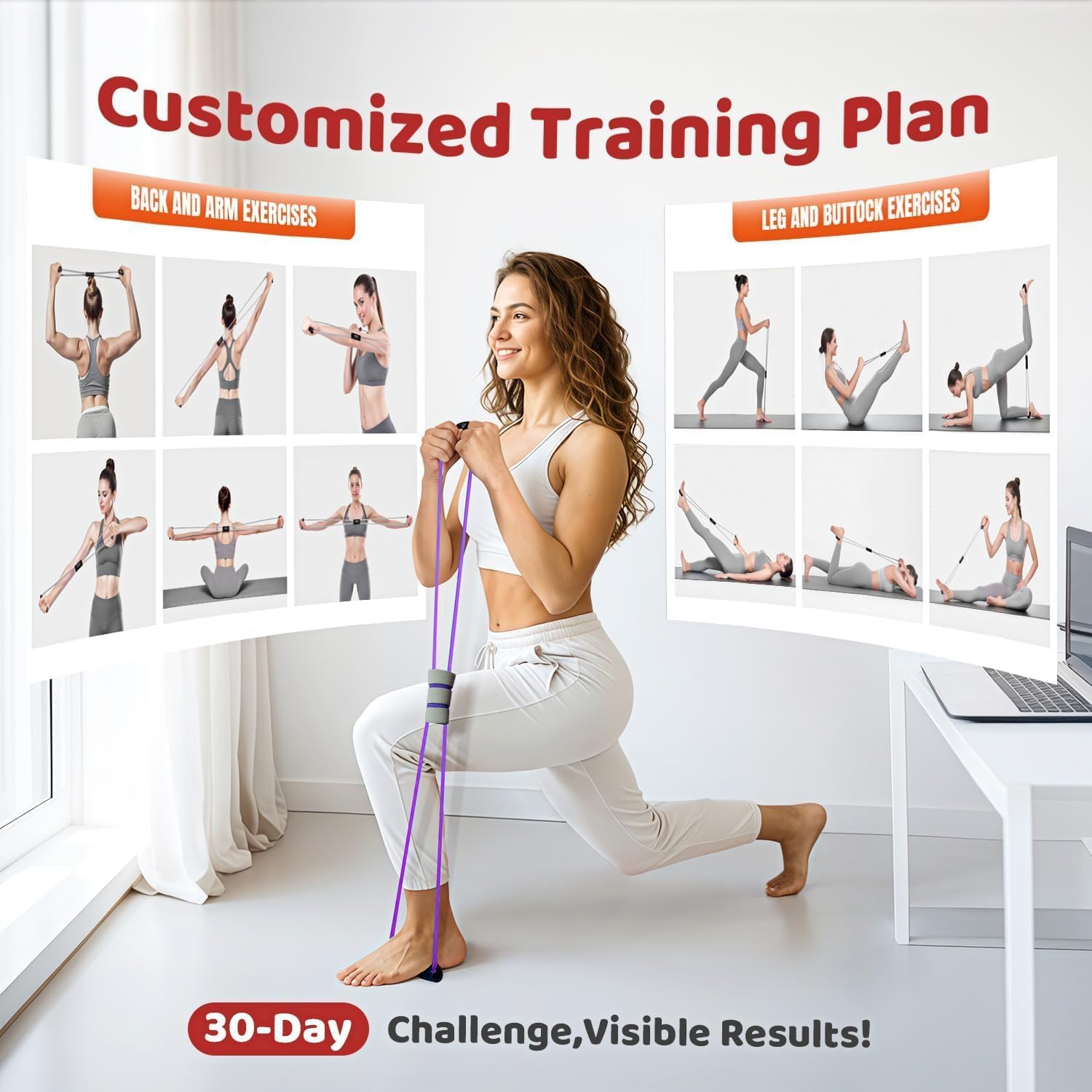Pink pedal resistance band with handles, held during a lunge stretch pose