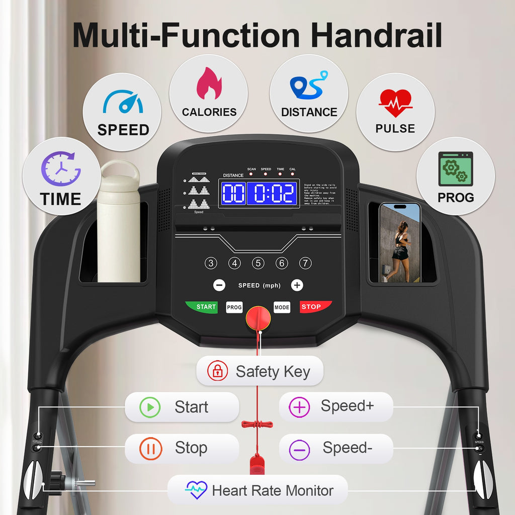Treadmill control console with speed, time, distance, heart rate, and start/stop