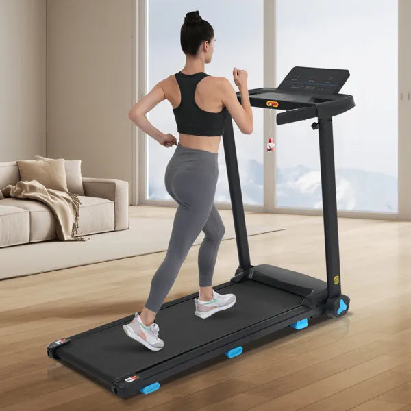 Folding treadmill standing workout setup with black belt and blue accent strips