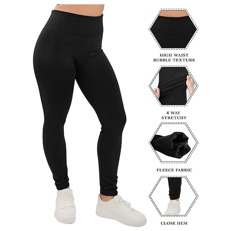 Black high-waist leggings with textured look, 4-way stretch, fleece fabric
