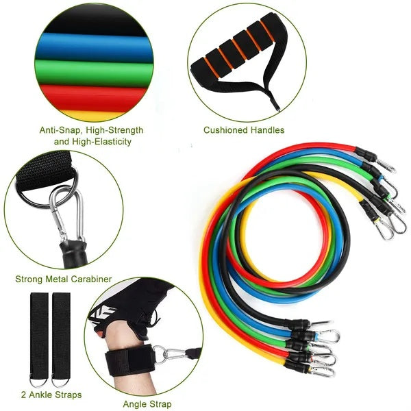 Multi-color resistance bands with cushioned handles and metal carabiners