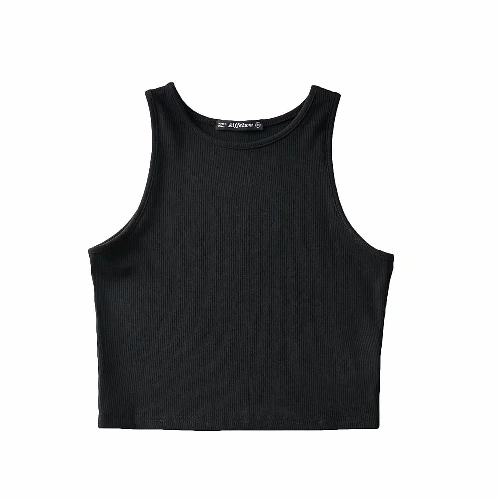 Women’s solid black ribbed fitness tank top, sleeveless