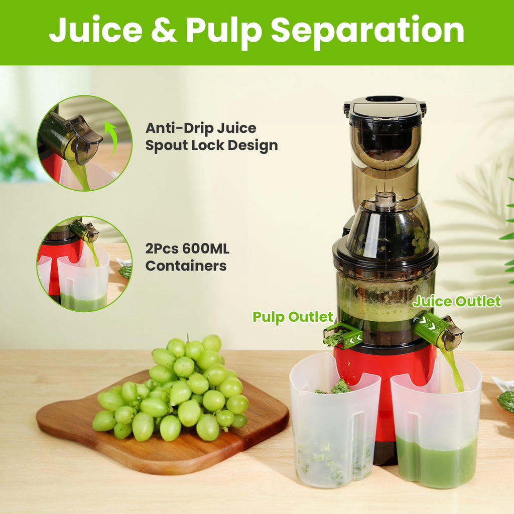 Red cold press juicer with two 600ml containers, juice outlet, and pulp outlet.
