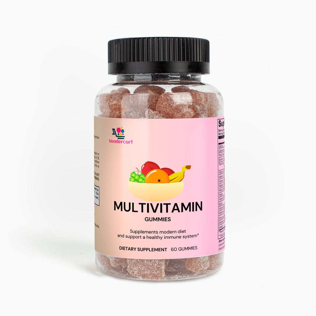 Multivitamin gummies bottle, pink front label with bear fruit logo and black cap