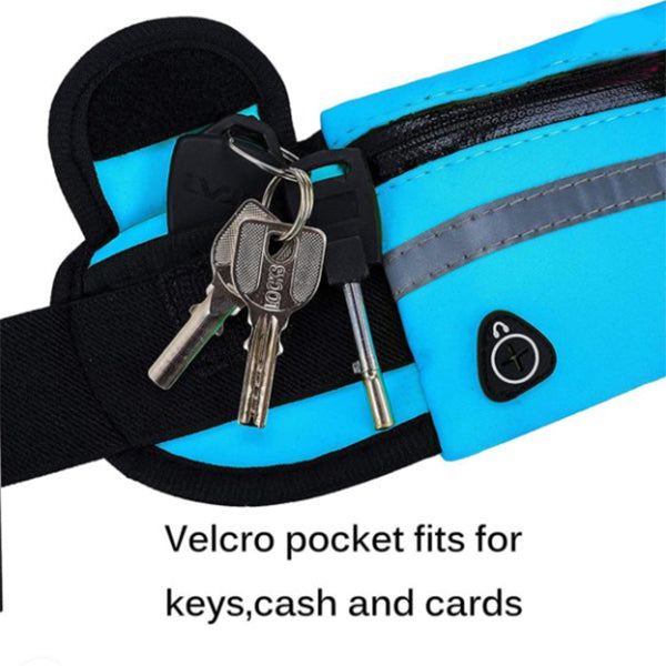 Running waist pack fanny bag, blue with metal keyring and black zipper pull