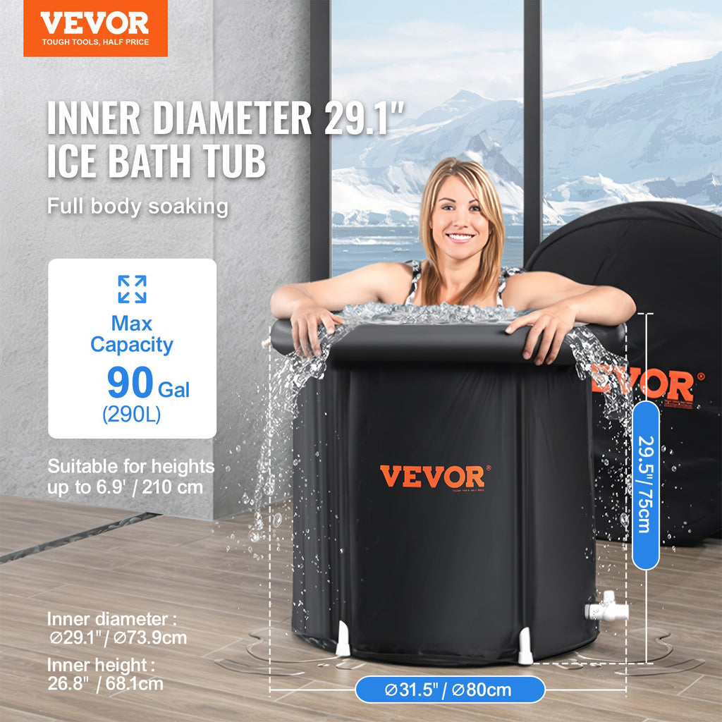 Black inflatable ice bath tub with open top and inner rim, sized for full-body soaking