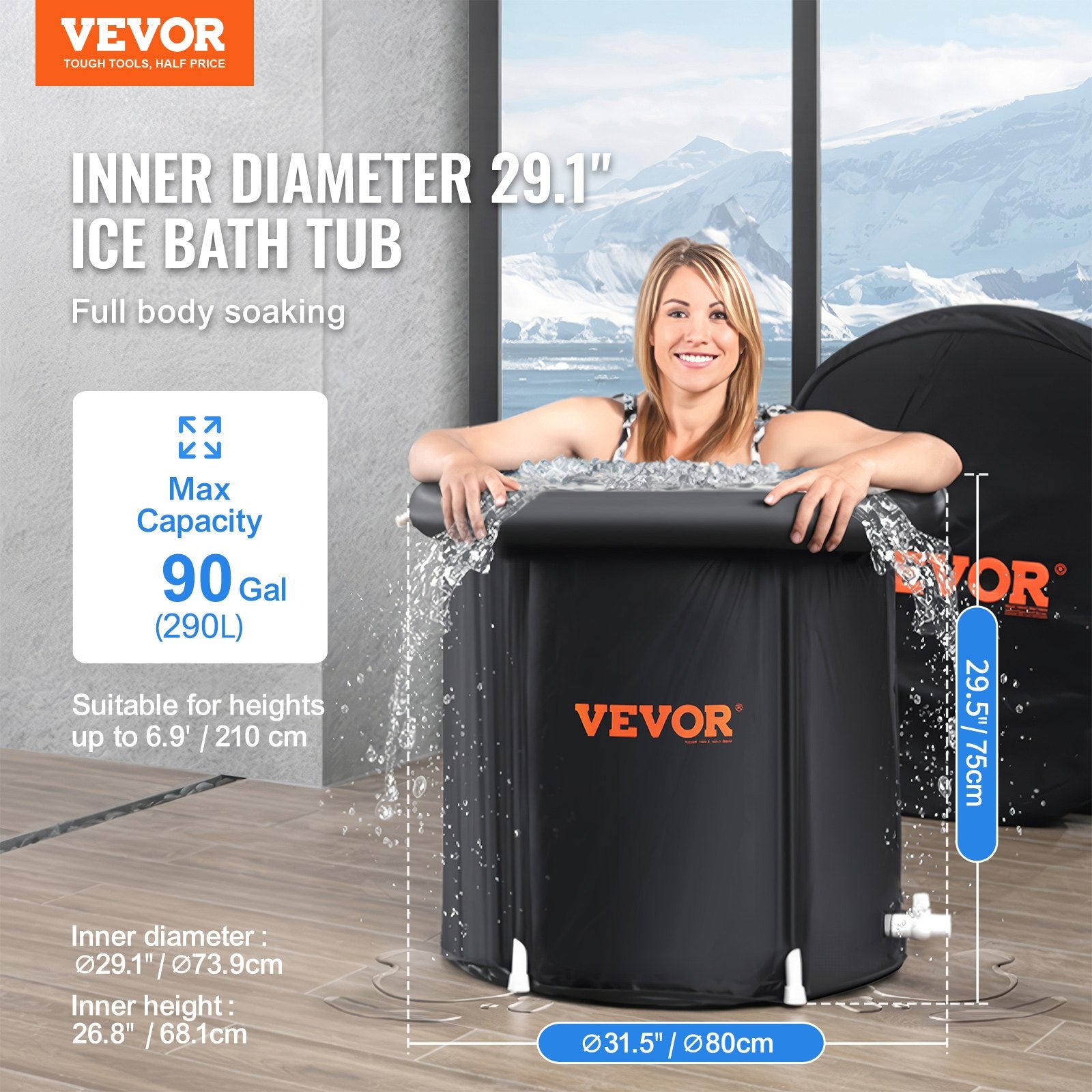 Black inflatable ice bath tub with open top and inner rim, sized for full-body soaking