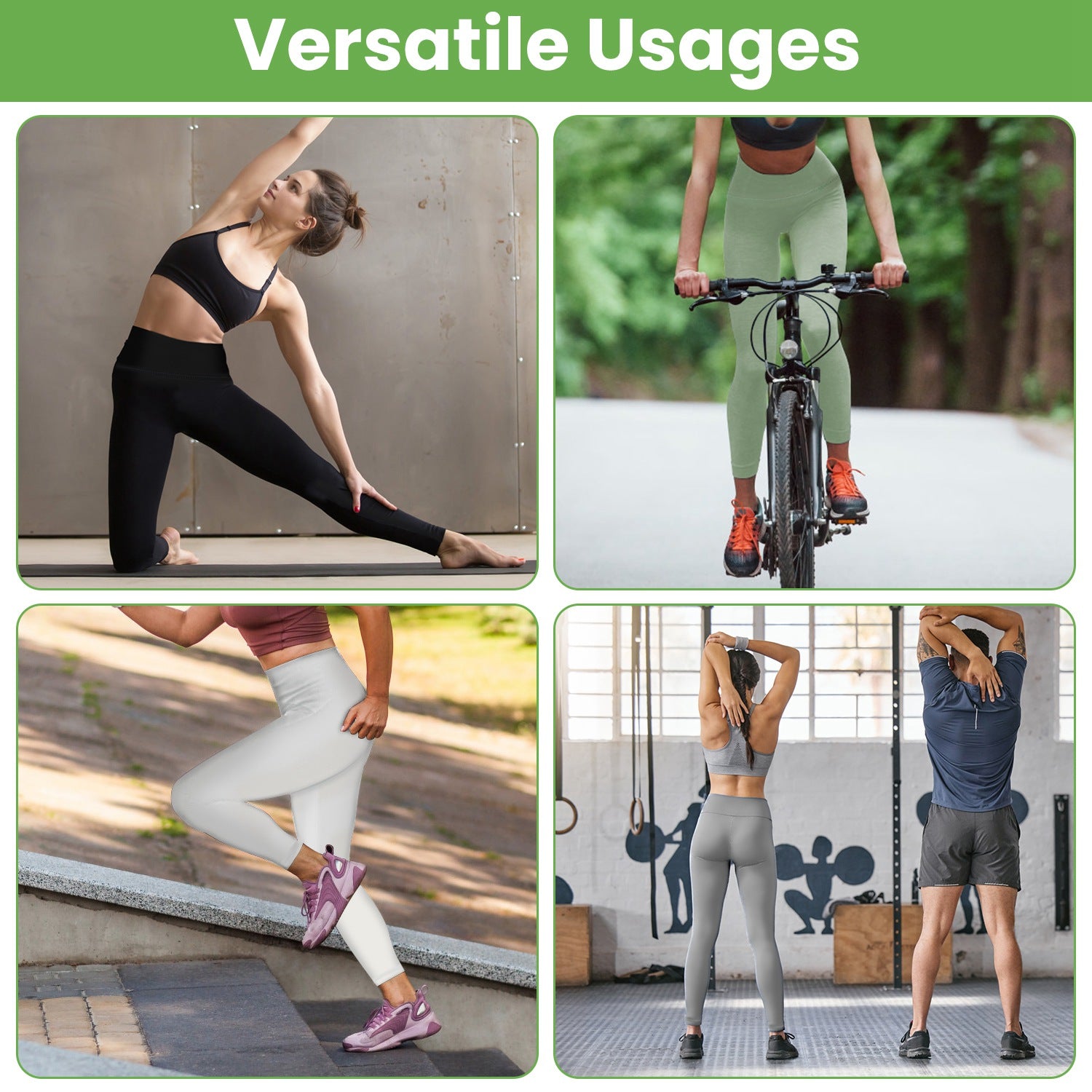 High-waist workout leggings on models, black and sage green, form-fitting ankle length