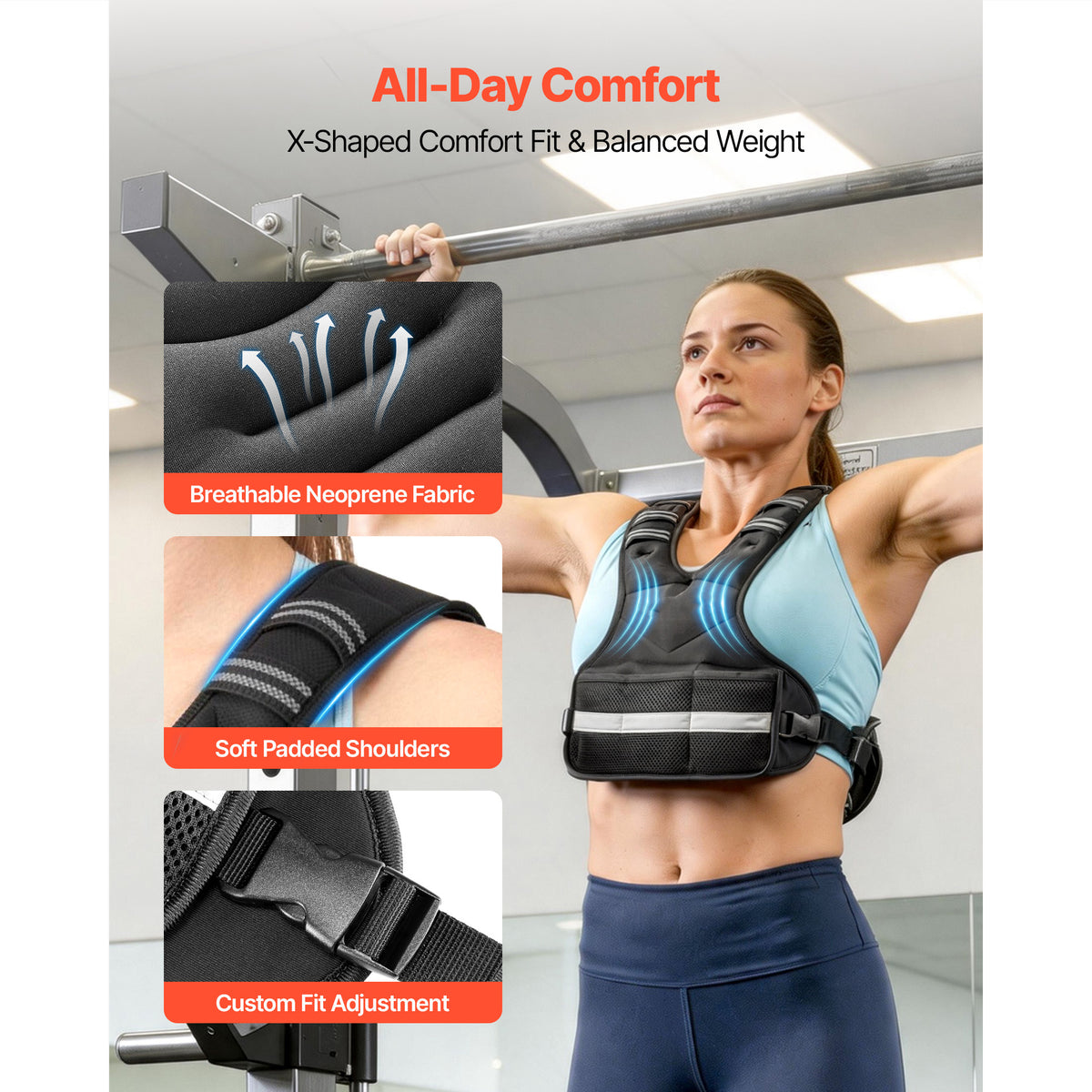 Black weighted vest with adjustable straps worn over blue athletic top