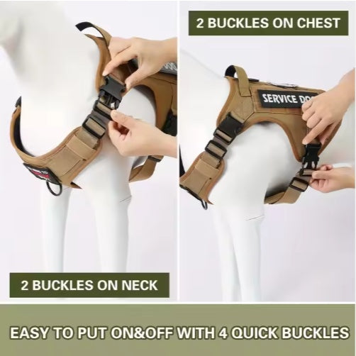 Tan service dog harness vest showing chest and neck quick buckles for easy on/off