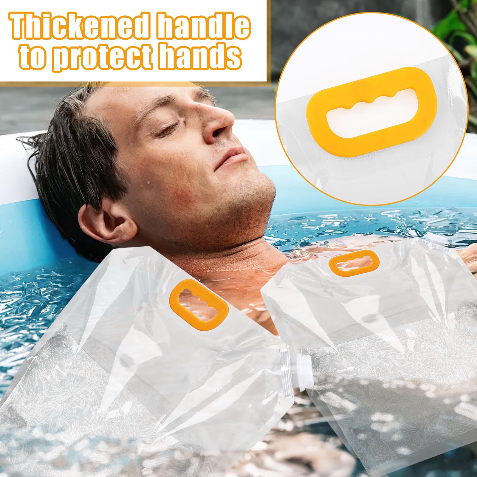 Close-up of ice bath bag with orange handle resting on shoulder and chest area
