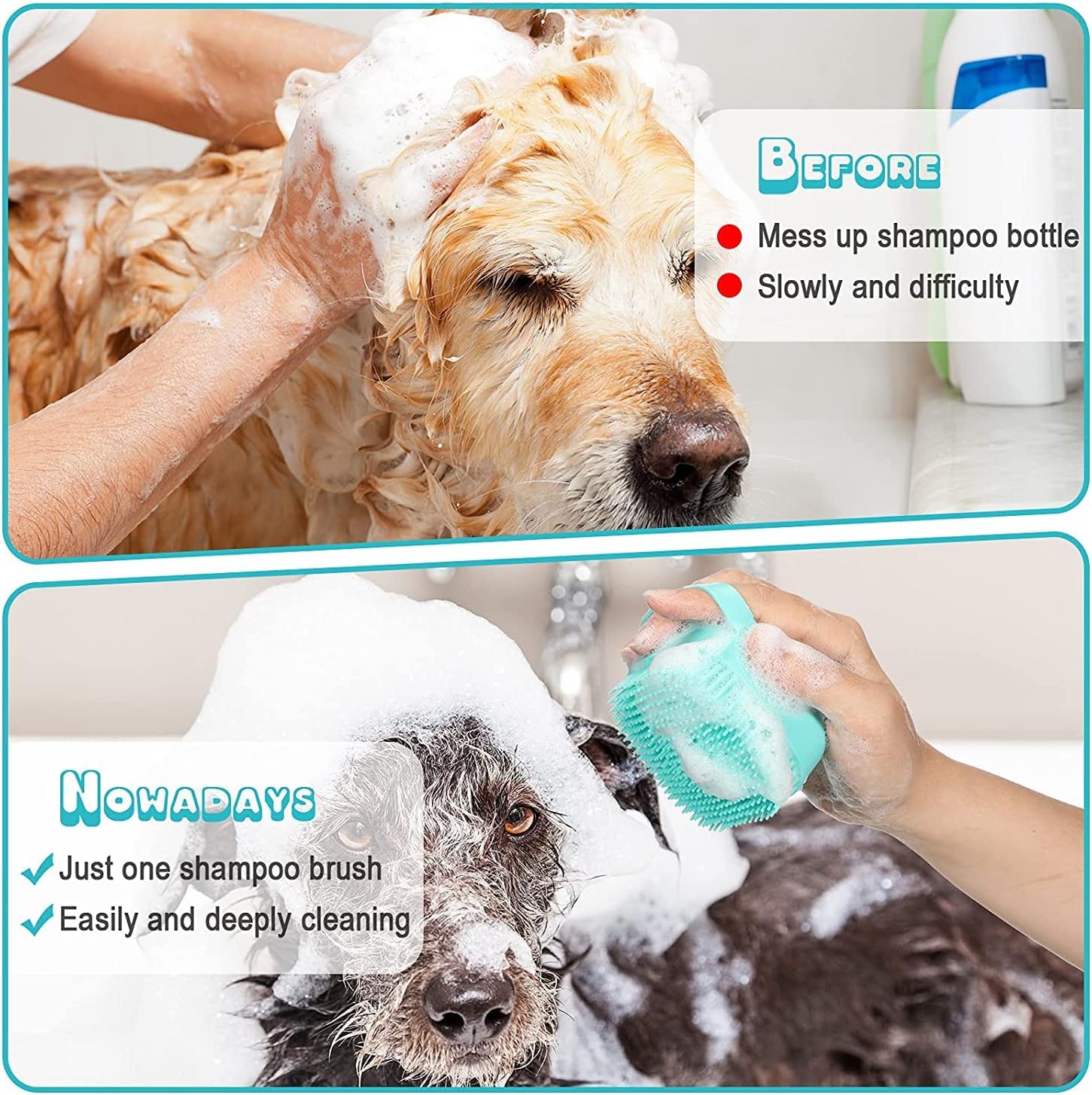 Blue-handled pet bath brush with grooming bristles used to lather a dog in foam