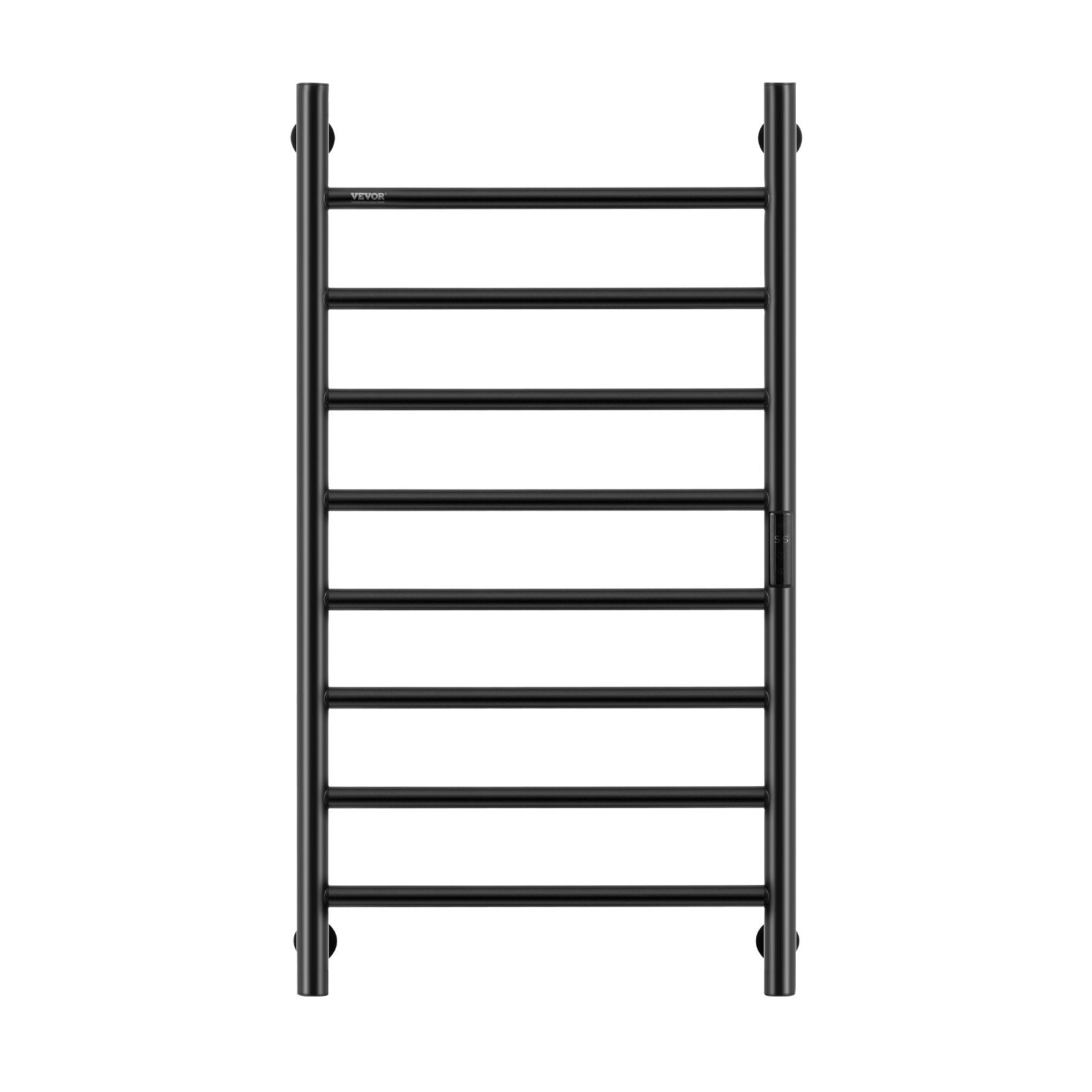 Black wall-mounted heated towel rack with horizontal bars, no towels