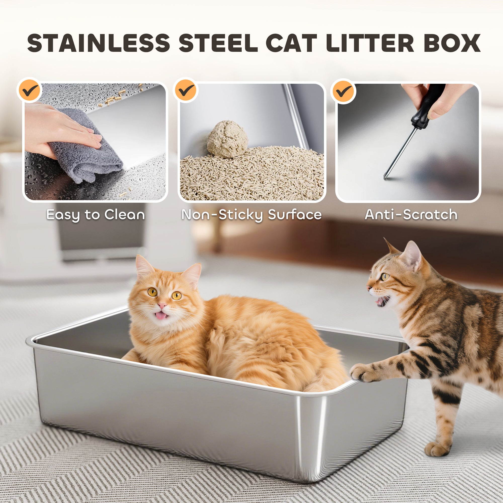 Stainless steel litter pan with two cats at the front edge; perforated mat on base