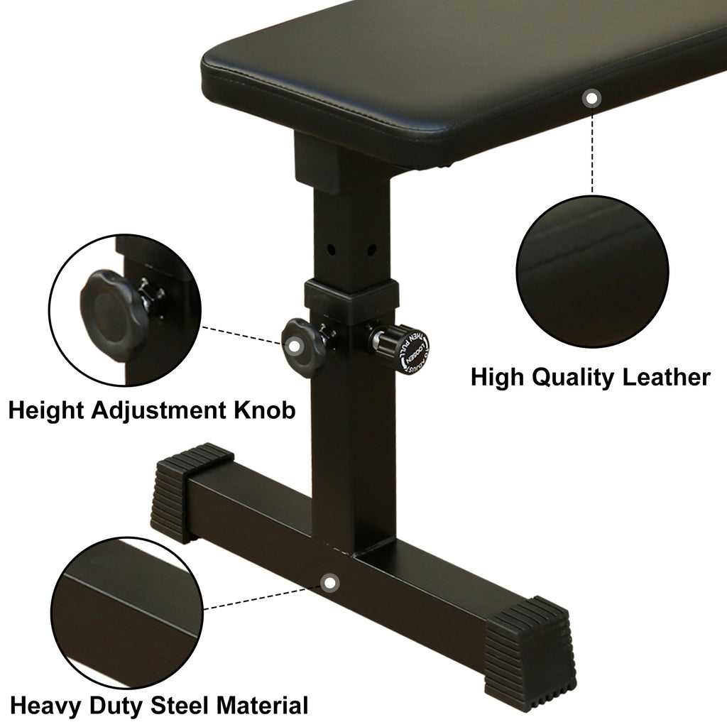 Adjustable height weight bench with dark padded seat, height knob, and steel legs.