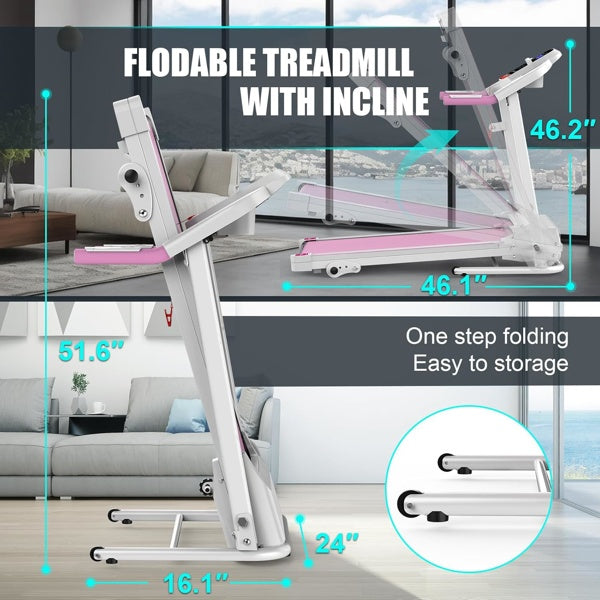 Pink foldable treadmill with incline bars and console, shown unfolded on deck