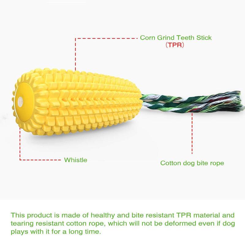 Yellow ridged corn chew toy with whistle end and green cotton rope
