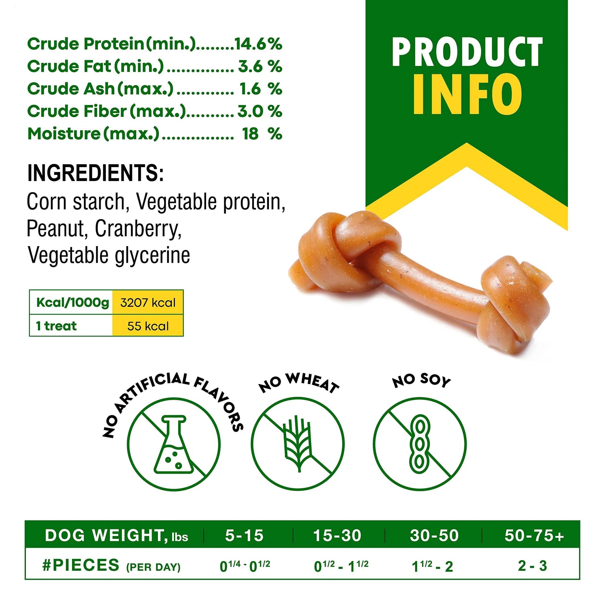 Single peanut butter dog bone chew with product info panel and ingredient stats