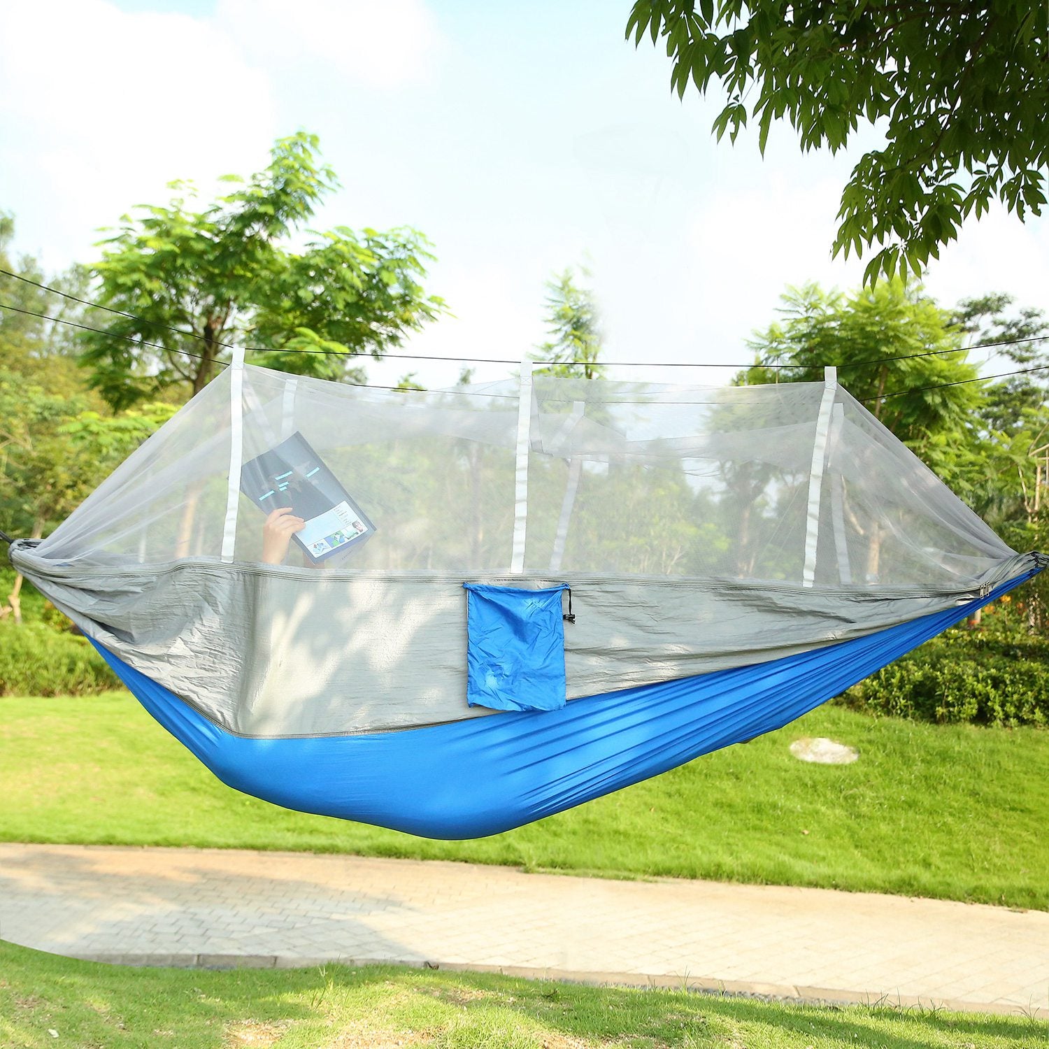Double camping hammock with mosquito net, blue hammock with clear mesh canopy.