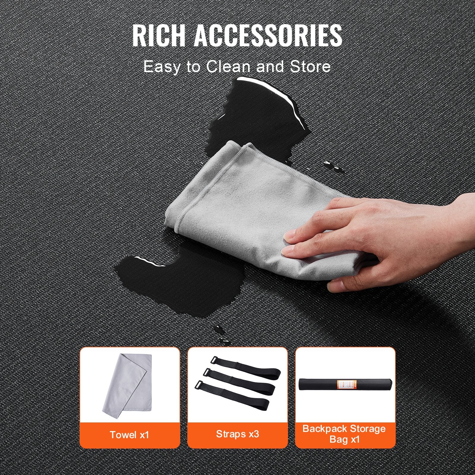Black exercise mat with included storage towel, straps, and backpack storage bag