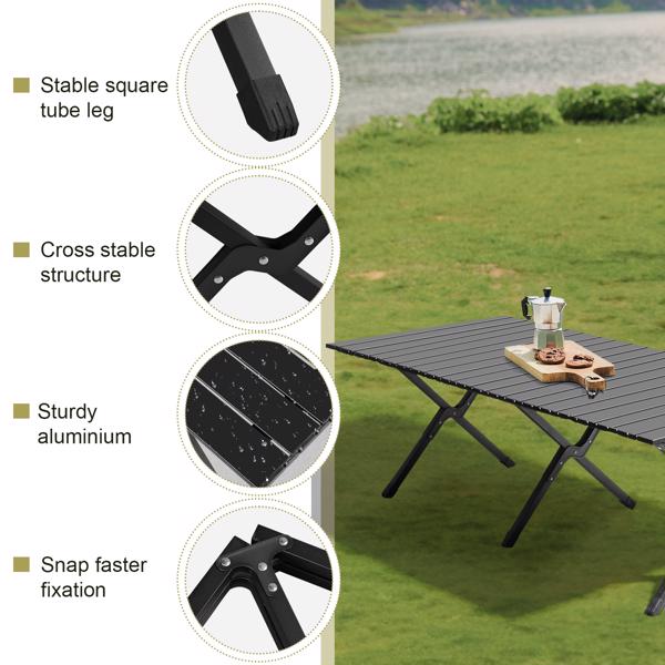 Black foldable camping roll table featuring stable cross-leg frame and aluminum top