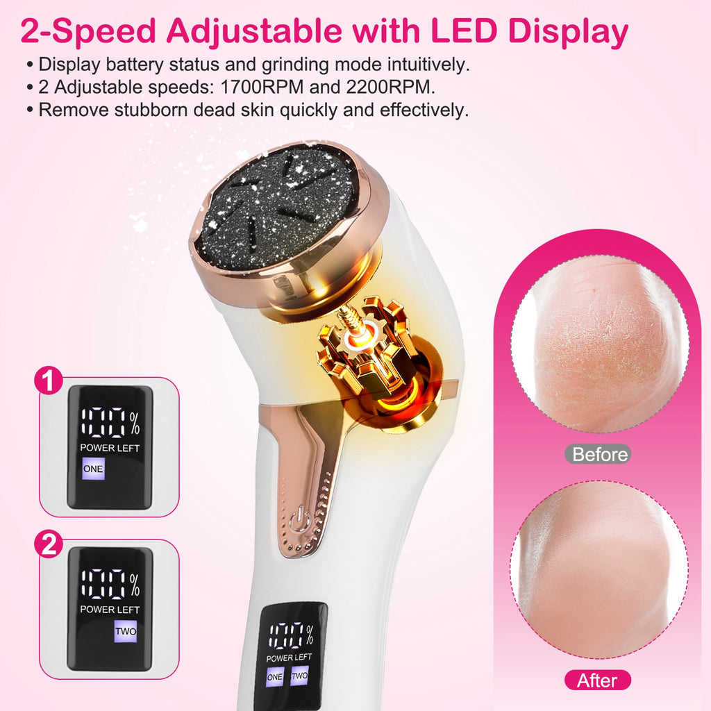 White pedicure foot grinder with LED battery/power display, showing 2-speed modes