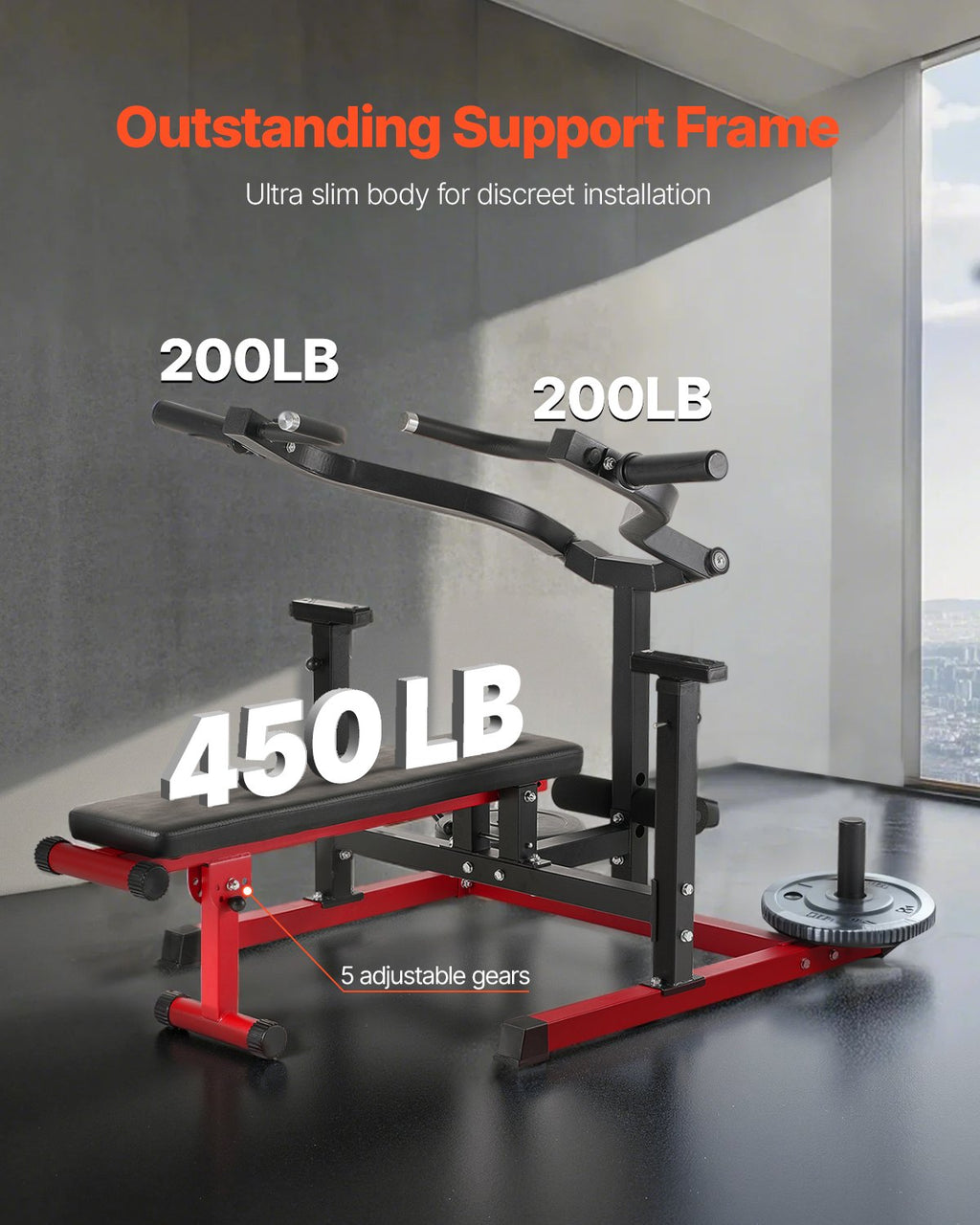 Adjustable flat and incline bench press machine with red base and support pegs