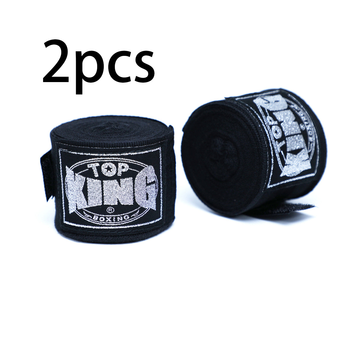 Pair of boxing hand wraps with Top KING logo, dark black wrist and knuckle bandages.