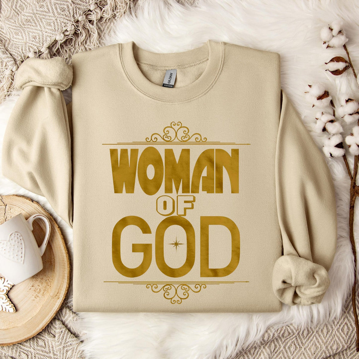 Apricot crewneck sweatshirt with long sleeves and 'Woman of God' front graphic