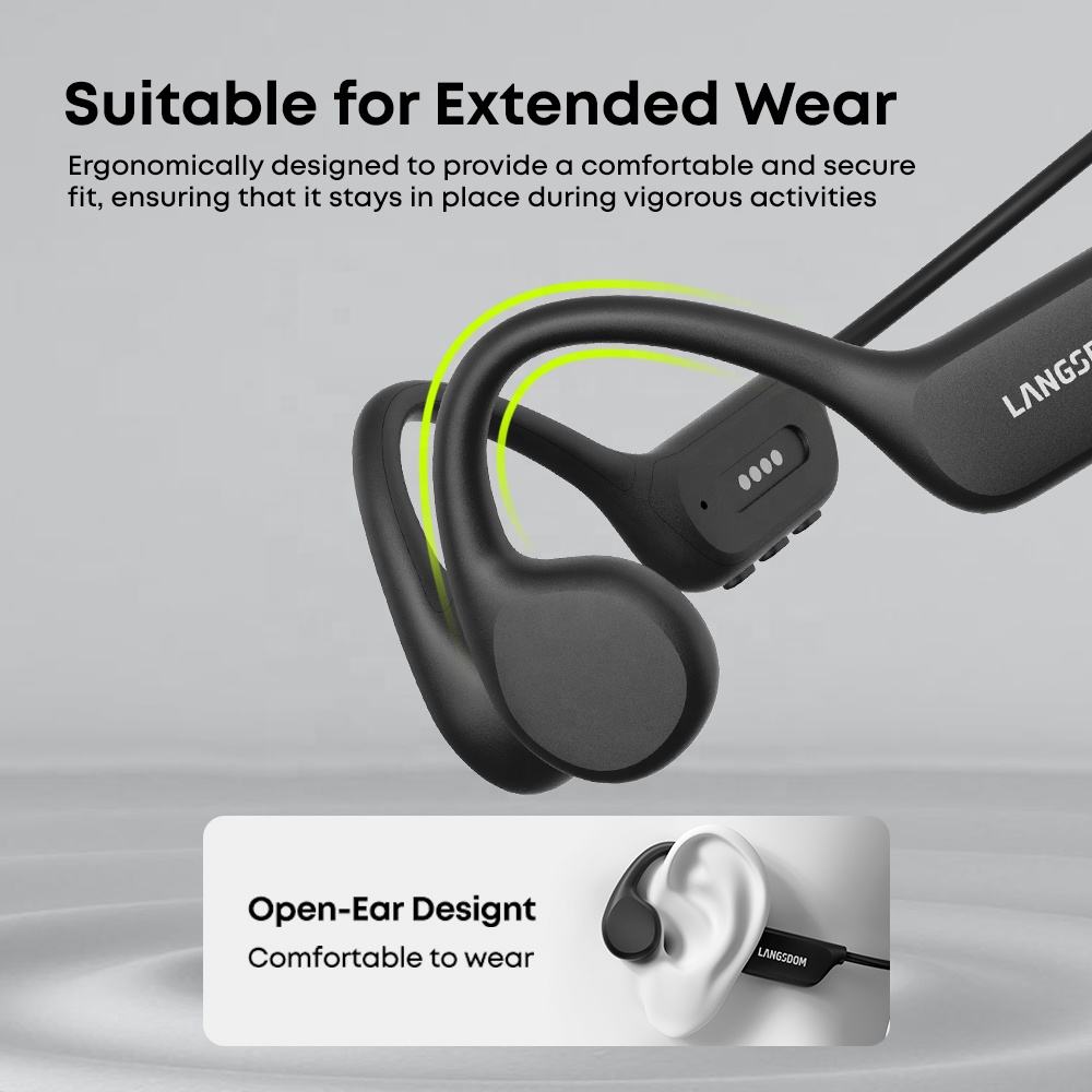 Black open-ear waterproof bone-conduction headphones with control module and ear hooks