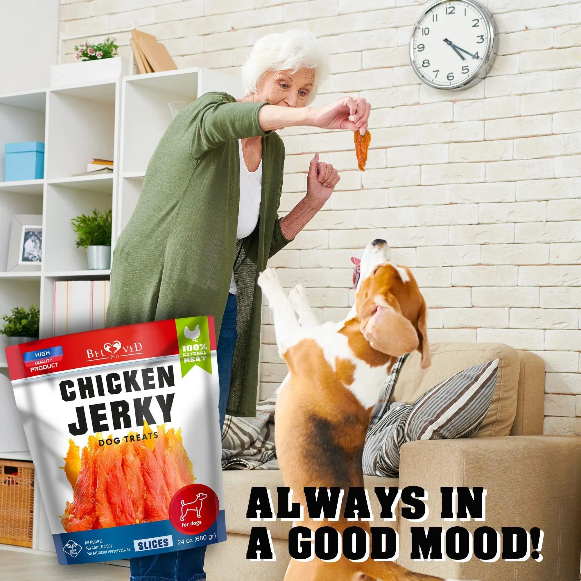 Chicken jerky dog treats pouch near a woman feeding a dog from her hand