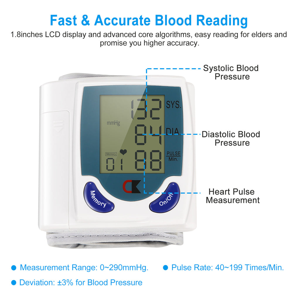 White digital wrist blood pressure monitor with blue LCD showing SYS, DIA, and pulse icons.