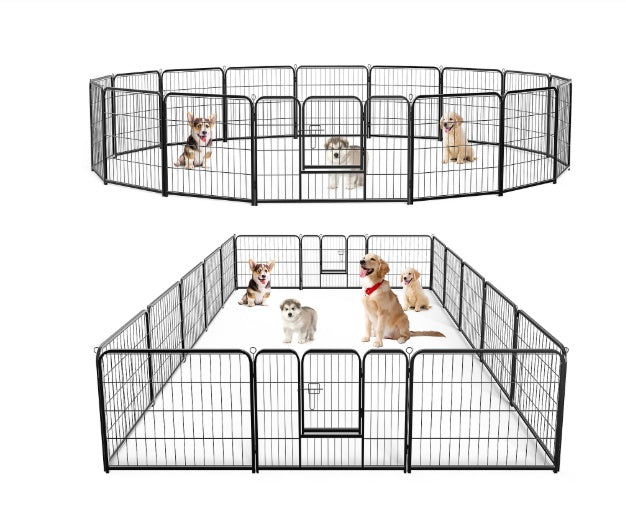 Indoor dog playpen enclosure with single door gate and wire panels, wide view