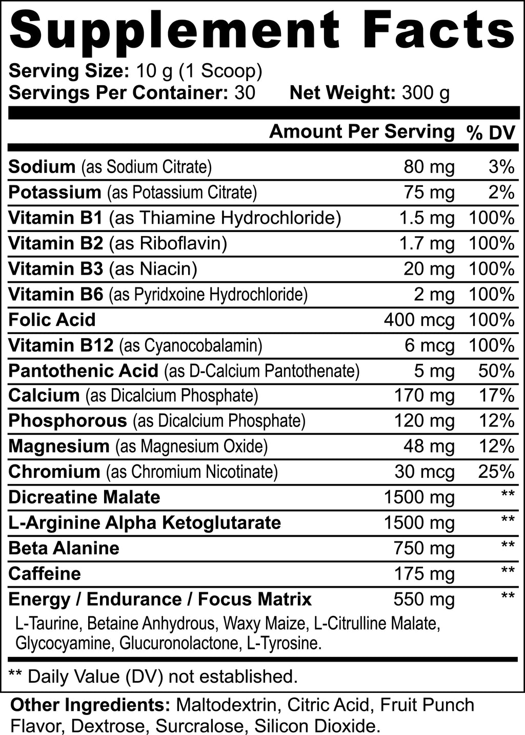 Supplement Facts panel for Nitric Shock pre-workout, Fruit Punch flavor
